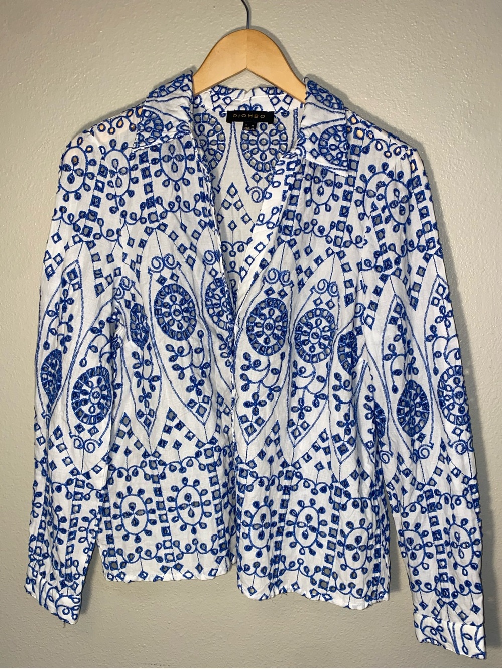 Piombo Blue & White Embroidered Eyelet Button Down Blouse Size M